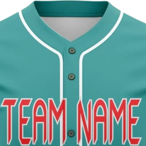 Maillot de baseball bleu sarcelle et rouge à manches courtes, boutonné, uniforme d'équipe personnalisé, respirant, en polyester, pour le sport - Product Image 5