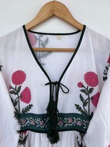 Vestido Maxi de Algodón con Estampado Floral Blanco y Rosa para Mujer, Manga Corta, Cuello Redondo, Silueta en A, Decoración de Encaje, Lavable, Ropa de Verano - Product Image 4