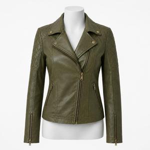 Veste de moto en cuir de vache vert olive pour femme, coupe-vent, manches longues, fermeture éclair matelassée, col ouvert, longueur normale, style hiver - Product Image 1