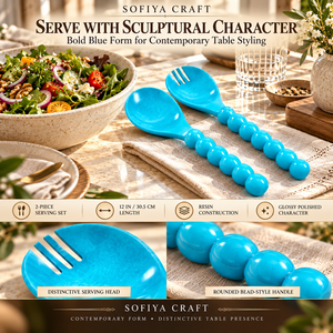 ชุดอุปกรณ์เสิร์ฟสลัดเรซิ่นสีฟ้าคราม SOFIYA CRAFT พร้อมด้ามจับลายหินอ่อนประดับลูกปัด ช้อนส้อมสำหรับเสิร์ฟ ใช้กับเครื่องล้างจานได้ เหมาะสำหรับใช้ในครัว - Product Image 3