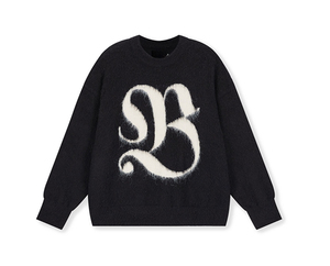 Pull en tricot noir anti-boulochage pour homme avec logo lettre B imprimé en flock blanc sur le devant, cardigan pour l'hiver, matière laine/viscose - Product Image 5