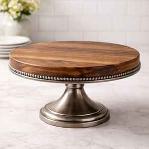 Base para Pastel de Madera de Acacia Rústica con Base Metálica Decorada con Cuentas Plateadas Antiguas, Elegante Pedestal para Postres Estilo Rústico para Bodas y Decoración del Hogar - Product Image 1