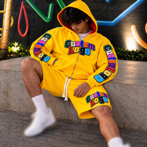 Luxury Graphic Print Custom <b>Men</b> Clothing <b>Zip</b> Up Puff Hoodies <b>Shorts</b> Set Heavyweight Fleece Cropped Tracksuits Jacket Embroidery - Product Image 3