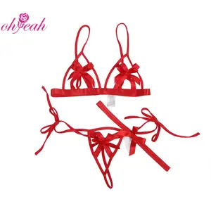 ODM High Quality Red Hollow Bow-Knot Women Underwear Sets With Wristband Sexy Fancy Bra Panty Set Images