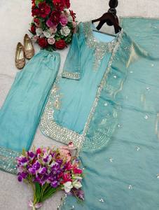 Ensemble Anarkali en soie brodée bleu clair avec dupatta, tenue de mariage traditionnelle indienne et pakistanaise pour femmes, longueur au sol, taille régulière - Product Image 4