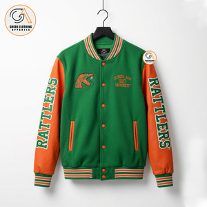 Veste universitaire unisexe personnalisée en polaire vert et orange FAMU, respirante, écologique, pour l'hiver, avec broderie vintage - Product Image 1