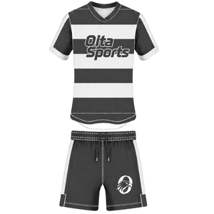 Ensemble uniforme de rugby noir et blanc à manches courtes, maillot de rugby rayé à col rond, short à cordon de serrage, vêtements de sport pour équipe athlétique - Product Image 1