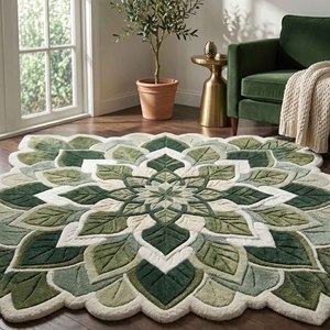 Green Botanical Mandala Area Rug Leaf Flower Plush Tufted Carpet Irregular Living Room Bedroom Nature Inspired Floor Decor Home - Product Image 3