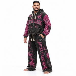 Conjunto de Sudadera con Capucha de Forro Polar Lavado al Ácido y Pantalones Anchos de Chándal Personalizados Unisex con Gráficos Desgastados y Etiqueta Personalizada - Proveedores OEM - Product Image 1