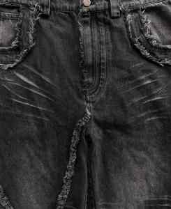 Jeans évasés empilés en denim noir ciré respirant, style streetwear, pour homme, hiver/printemps, brodés, taille haute - Product Image 4