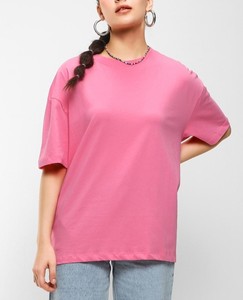 เสื้อยืดคอกลมแขนสั้นทรงโอเวอร์ไซส์คุณภาพสูงสำหรับผู้หญิง สีชมพูล้วน ผ้าฝ้าย 100% ทรงหลวม สวมใส่สบาย เหมาะสำหรับฤดูใบไม้ผลิและฤดูร้อน ผ้าเจอร์ซีย์ถัก - Product Image 1