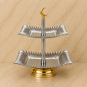 Support de service de luxe à deux niveaux en argent et or avec accent lune croissante, présentoir à desserts en métal haut de gamme pour réceptions festives - Product Image 1