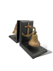Set <b>of</b> Two BRASS & WOOD <b>Book</b>-<b>End</b> Ship Bells Mounted on Anchor for Desk Shelf Office Home Art Decor & Decorative Display - Product Image 3