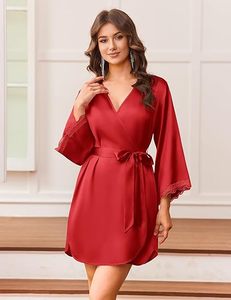 Robe en satin de soie pour femmes, kimono court, manches 3/4, dentelle, peignoir avec poche, vêtements de nuit, printemps - Product Image 2