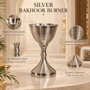 Brûleur à Bakhoor Regal Silver en acier inoxydable côtelé, porte-encens |   Mabkhara Oud Arabe de Luxe, Décoration Islamique pour la Maison, Support sur Pied - Product Image 5