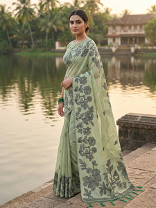 Sari en lin imprimé moderne avec chemisier pour les occasions de fête, mariage, Diwali - Product Image 2