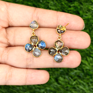 Women's Fashion <b>Earring</b> Natural Labradorite Heart Shape Gemstone Drop Stud <b>Earring</b> Brass 18k Gold Plated Statement <b>Earrings</b> - Product Image 4