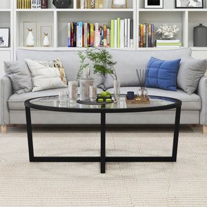 Tavolino da Caffè Ovale Contemporaneo in Vetro con Gambe in Legno Massello di Acacia e Base Incrociata - Product Image 3