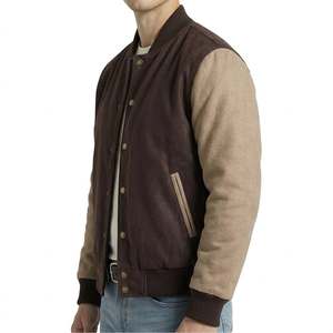 Dark Brown Tan Varsity <b>Jacket</b> Suede Leather Body Polyester <b>Velvet</b> Blend Sleeves Striped Rib Trim Snap Front Letterman Coat - Product Image 2