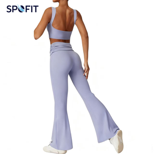 Custom Women's Yoga Set Halter Neck Sports Bra Top with High Waist <b>Flared</b> <b>Leggings</b> Seamless Fitness Gym Wear OEM ODM Active - Product Image 3