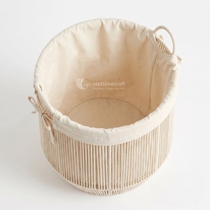 Panier à linge rond en osier beige tressé avec doublure intérieure, bac de rangement portable pour la salle de bain et la garde-robe de bébé - Product Image 2