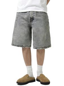 Pantalones Cortos Bermuda de Mezclilla Lavada para Hombre, Cintura Media, Cierre de Botones, Color Liso, Ajuste Holgado, Estilo Urbano, de Algodón - Product Image 1