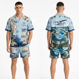 Conjunto de Shorts Hawaianos Sublimados, Color Azul Marino Oscuro, Tela Ligera y Suave, Estilo Casual para Vacaciones de Verano - Product Image 4