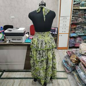 Women's Green Paisley Print Halter <b>Maxi</b> <b>Dress</b> Tiered Ruffle <b>Chiffon</b> Boho Summer Party Gown - Product Image 3