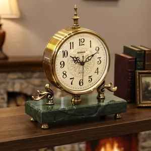 Brass Desk <b>Clock</b> Circular Contemporary Design Silent Quartz Movement <b>Battery</b> Operated Needle Display Green Marble Base Snooze - Product Image 2