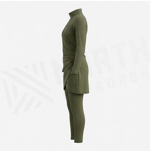 North Approach 2 Piece Yoga Set Turtleneck Asymmetric Draped Knee Length Solid <b>Olive</b> <b>Green</b> Seamless Sweat Wicking Breathable - Product Image 3