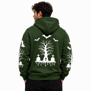 Sudadera con Capucha Personalizada de Halloween para Hombre, Color Verde Oscuro, con Estampado 3D de Calabaza, Murciélago y Cementerio, Felpa de Algodón, OEM - Product Image 4