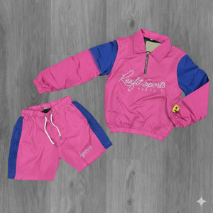 Ensemble de survêtement sportif personnalisé Rexfit en nylon, coupe-vent rose avec fermeture éclair, veste à capuche et short 100 % nylon - Product Image 1