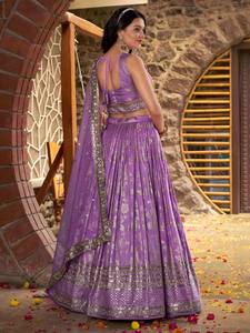 <b>Purple</b> Embroidered Lehenga Choli Set Women Traditional Indian Wedding Wear Floor-Length Quick Dry Regular Fit <b>Dress</b> with Dupatta - Product Image 6