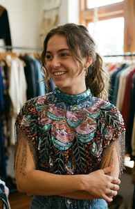 Blouse cape vintage de créateur, sur mesure, broderie à la main, franges, décoration à sequins, grande taille, saison hiver, automne, printemps - Product Image 2