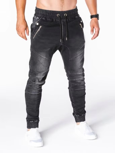 Men's Breathable Solid Mid Waist Summer Knitted Washed Denim Fabric Casual Sweatpants Drawstring Jeans - Product Image 3