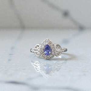 Bague halo en tanzanite, pierre précieuse en forme de poire, argent, style vintage, bijou de fiançailles, cadeau pour femme - Product Image 4