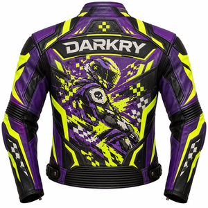 DARKRY Chaqueta de cuero morada para hombre con estampado amarillo neón, cuello alto, estilo motociclista, para carreras - Product Image 2