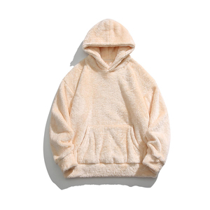 <b>Men's</b> Oversized Beige <b>Sherpa</b> Fleece Polyester 360g <b>Hoodie</b> Casual Solid Pullover Sweatshirt with Custom Pocket Long Sleeve - Product Image 5