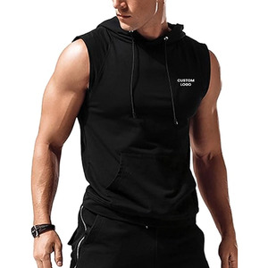 Débardeur à capuche sans manches pour homme, collection automne 2026, idéal pour l'entraînement en salle de sport, la musculation, coupe musclée, noir, en polyester/coton respirant - Product Image 1
