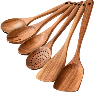 Ensemble d'ustensiles de cuisine en bois |   Cuillères, spatules, louches et spatules ajourées en bois naturel |   Ustensiles de cuisine antiadhésifs pour mélanger et frire - Product Image 3