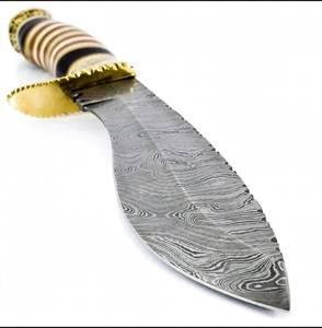 Handcrafted forward recurve damascus steel outdoor Heavy Duty utility Tool Stacked <b>Ring</b> Handle Brass Guard - Product Image 6