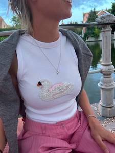 Swan Motif Handwork <b>Beaded</b> <b>Crop</b> <b>Top</b> Women Ribbed Cotton Tank <b>Top</b> Premium Hot Sale Wholesale Supplier - Product Image 1