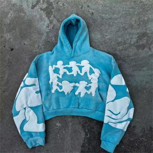 Sudadera con capucha para hombre con estampado Puff de colores sólidos, Sudadera con capucha con estampado de Puff en blanco recortada de algodón grueso de gran tamaño para hombres y mujeres - Product Image 2