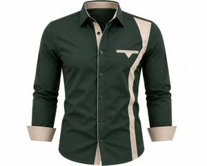 Camisa de Vestir para Hombre en Color Beige y Azul Marino con Bloques de Color, Manga Larga, Cuello Clásico, Estilo Casual Elegante, Tela Popelina, para Primavera - Product Image 4
