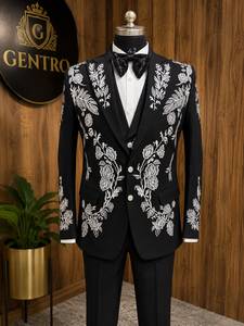 Traje de esmoquin negro de lujo con bordado floral para hombre |   Conjunto de 3 Piezas para Novio, Blazer para Boda, Cena o Baile de Graduación |   Fabricante OEM Personalizado - Product Image 1
