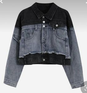 Women's Contrast Color Block <b>Denim</b> <b>Jacket</b> <b>Cropped</b> Button Front Pockets Long Sleeve Distressed Casual Autumn Style - Product Image 1