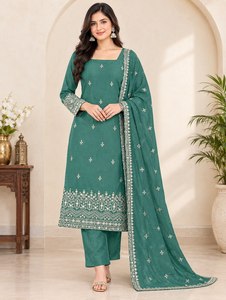 Green Embroidered Indian Pakistani Set Lawn <b>Kurta</b> Pant Dupatta Square Neck <b>Women</b> Formal Wear Quick Dry All Seasons - Product Image 1