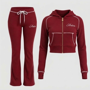 Conjunto de 2 piezas para mujer de algodón 100% de alto gramaje con tejido gofrado, compuesto por sudadera con capucha de corte ajustado de color liso y pantalones acampanados. - Product Image 4