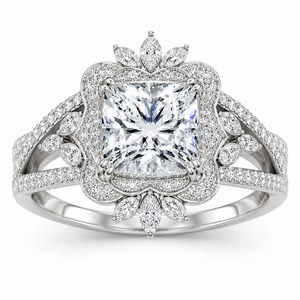Anillo de compromiso y boda moderno de lujo con doble halo, diamante de laboratorio con corte princesa, oro blanco de 18K, diseño floral real marquesa - Product Image 2