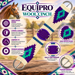 EQUIPO: Cinturón de sujeción para caballo con patrón morado y verde, anillas metálicas, ajustable, de cuero y lana. - Product Image 2